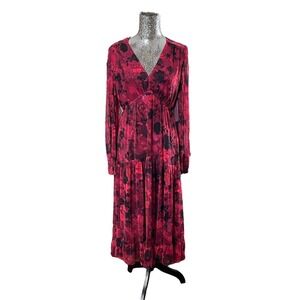 Whimsigoth Dark Red Black Floral Mesh Maxi Dress Long Sleeve V Neck Size 10
